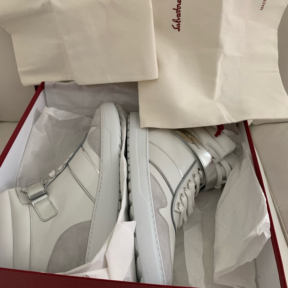 NIB Mens Salvatore Ferragamo "Noe" Leather High-Top Sneakers White/Nikel 10 - Picture 7 of 10